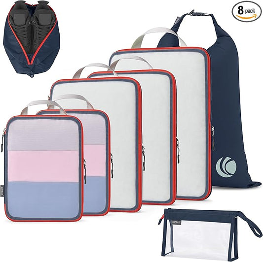 Cipway Compression Packing Cubes Mesh, Lightweight Luggage Organizer Bags with Laundry Bag,Toiletries Bag and Shoe Bag, Travel Essentials for Carry on Suitcase（8Pcs,Blue）
