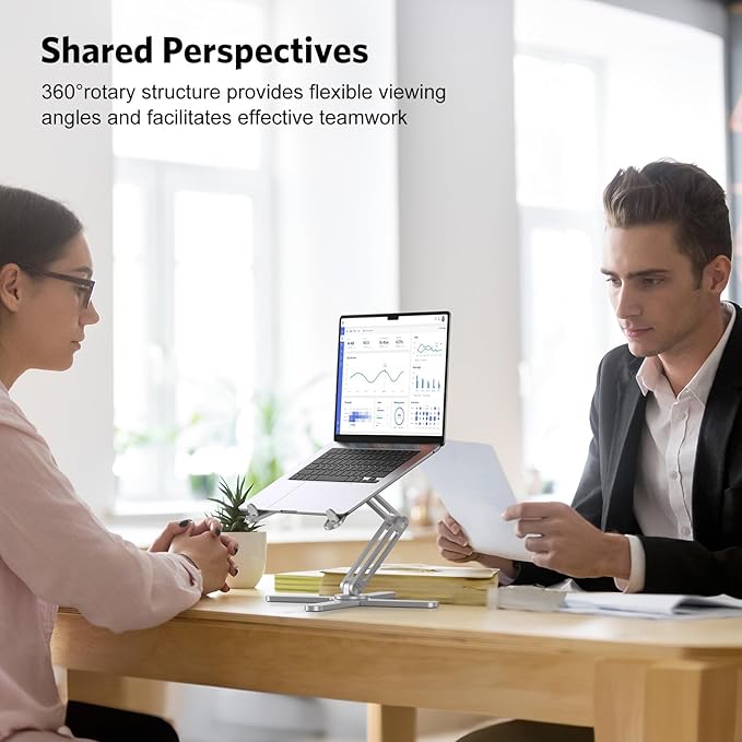 OMOTON 360° Rotating Laptop Stand Riser for Desk, Ergonomic Foldable Computer Stand Adjustable Height Angles for Collaborative Work, Easy Storage Fit Macbooks,All Laptops up to 16 inches, Silver
