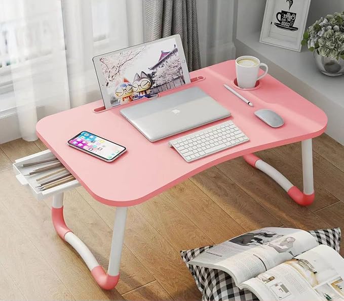 Laptop Bed Table, Foldable Laptop Desk Bed Tray with Storage Drawer, Lap Desk TV Tray for Breakfast Serving, Notebook Stand Reading Holder with Phone Slot and Cup Holder for Sofa Couch Floor-Pink
