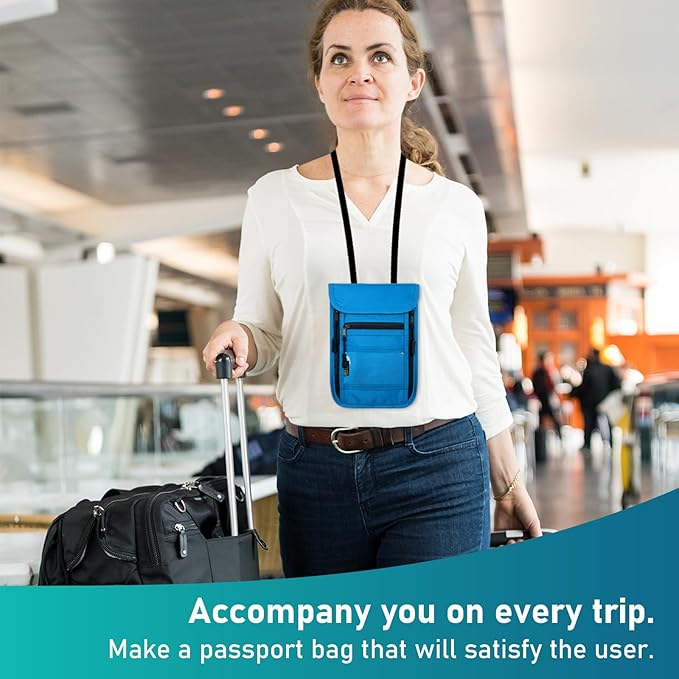 sundee Travel Neck Wallet with Double Zippers, RFID Blocking Passport Holder with Adjustable Neck Strap for Men and Women to Keep Cash, Credit Cards and Travel Documents Safe - Lake Blue