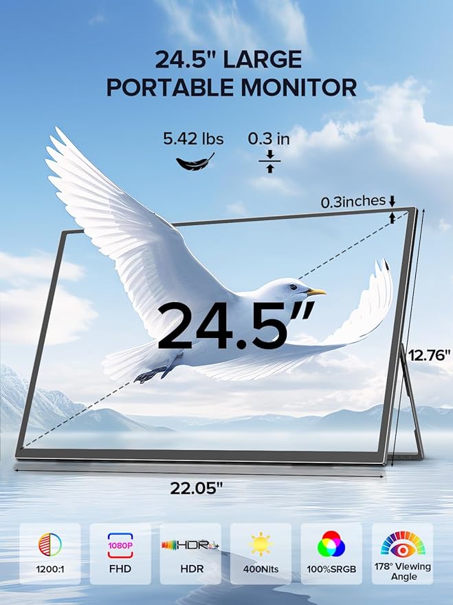 UPERFECT 24.5" Portable Monitor 240Hz Gaming Monitor 1200:1 Contrast FreeSync 0.1ms Fast IPS Large Screen, Built-in 180° Adjustable Stand/VESA, USB-C HDMI Second Screen for Laptop, Phone, Game Console
