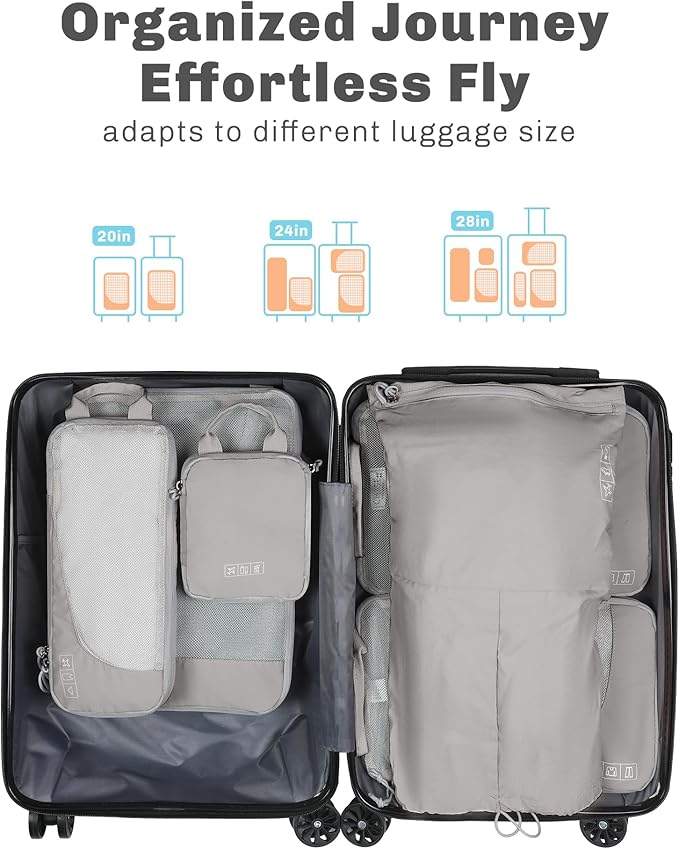 Hynes Eagle 6 Set/ 4 Set/ 2 Set Compression Packing Cubes Travel Essentials Lightweight Nylon Luggage Suitcase Organizer Bag Light Grey 6PCS