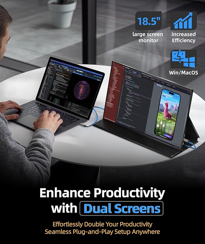 Portable Monitor, 18.5 Inch FHD 1080P 100% sRGB Laptop Screen Extender USB C HDMI Portable Gaming Monitor w/Smart Cover & Speakers, External Monitor for Laptop Mac PC