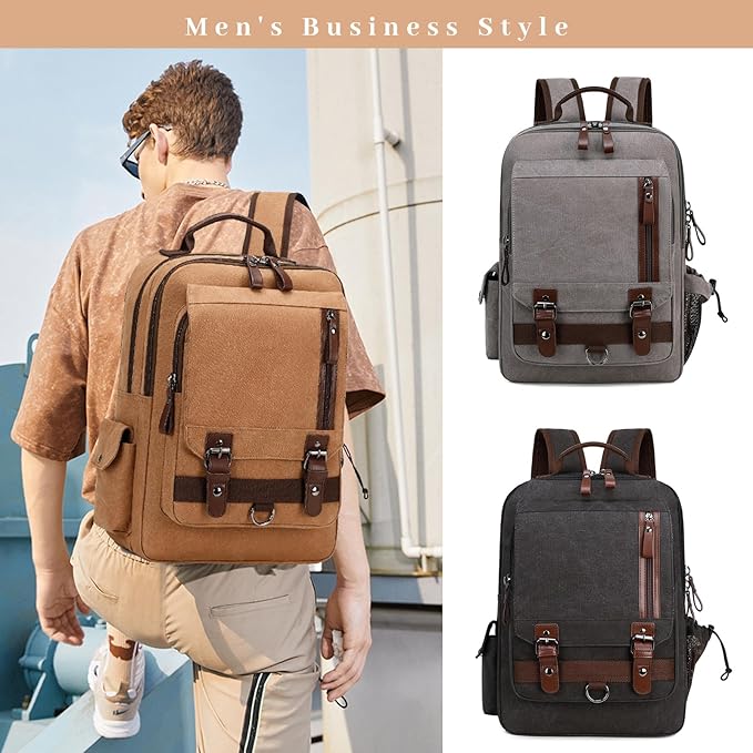 Lanola Water-resistant Canvas Backpack with Anti-Theft Pocket, Daypacks Fits 15.6 Inch Laptop for Men Perfect for Work, Travel, Daily Use (Grey)