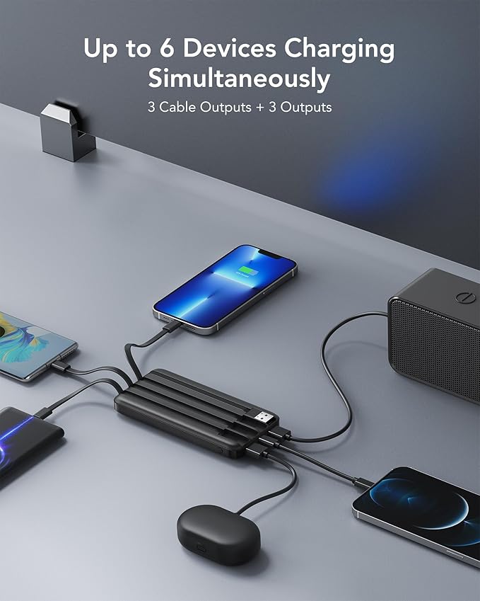 charmast Portable Charger with Built in Cables, Power Bank with Cords Wires, Slim 10000mAh Travel Battery Pack 6 Outputs 3 Inputs 3A Fast Charging for Samsung Google Pixel LG Moto iPhone iPad