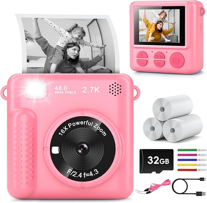 Kids Camera Instant Print, Christmas Birthday Gifts for Girls Boys Age 3-12，HD Selfie Kids Digital Camera, Portable Travel Toy for 3 4 5 6 7 8 9 10 Year Old Girls (Pink)