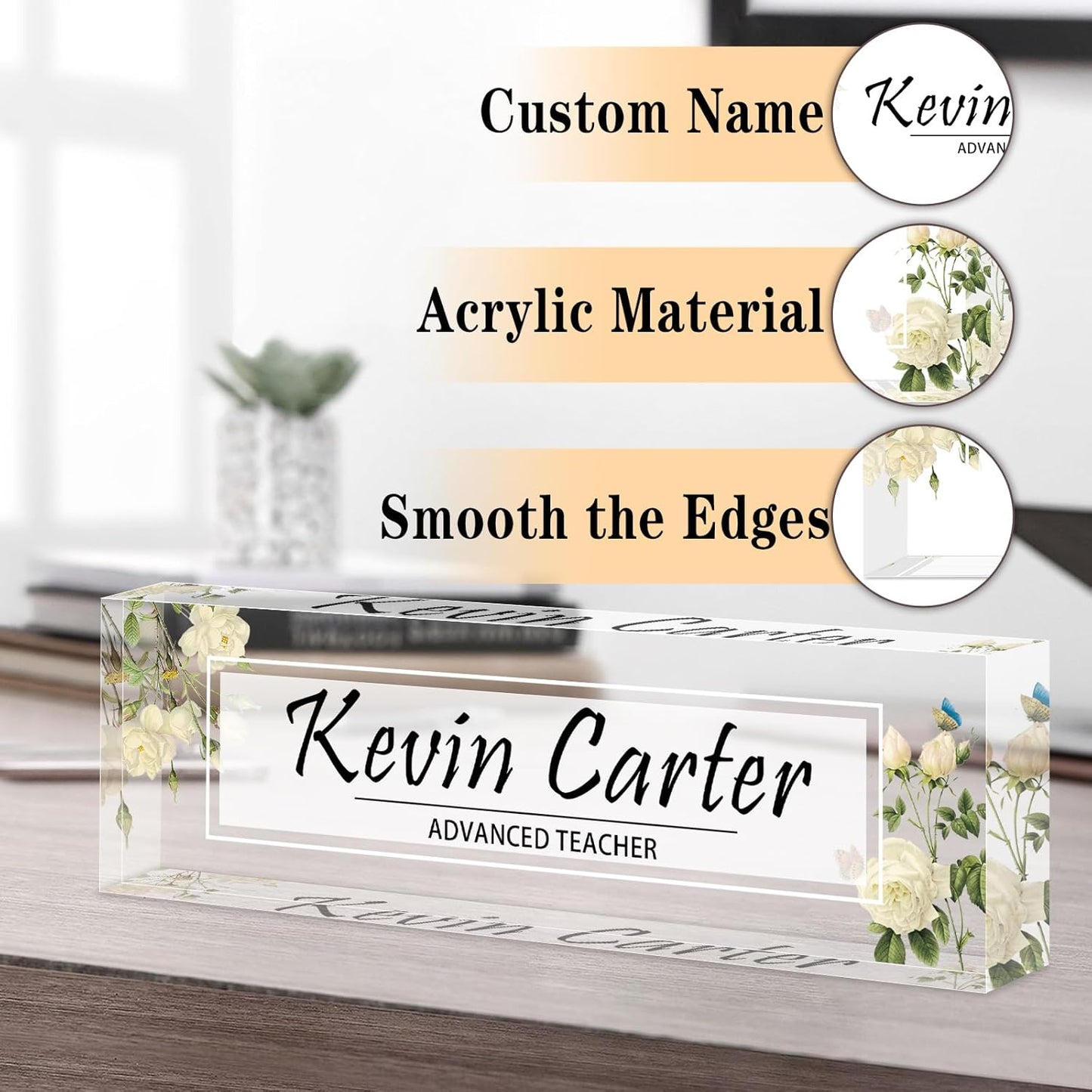 Name Plate for Desk Personalized, Acrylic Desk Decorations, Employee Appreciation Gifts, Custom Office Gifts for Coworkers, Boss, Teacher, Nurse (White Flowers)