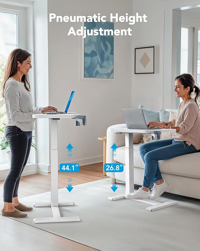 HUANUO Bedside Table with Wheels, Height-Adjustable Rolling Computer Cart, Overbed Table with Cup Holder, Pneumatic Laptop Standing Desk for Home Office, White (27.6" x 15.7")