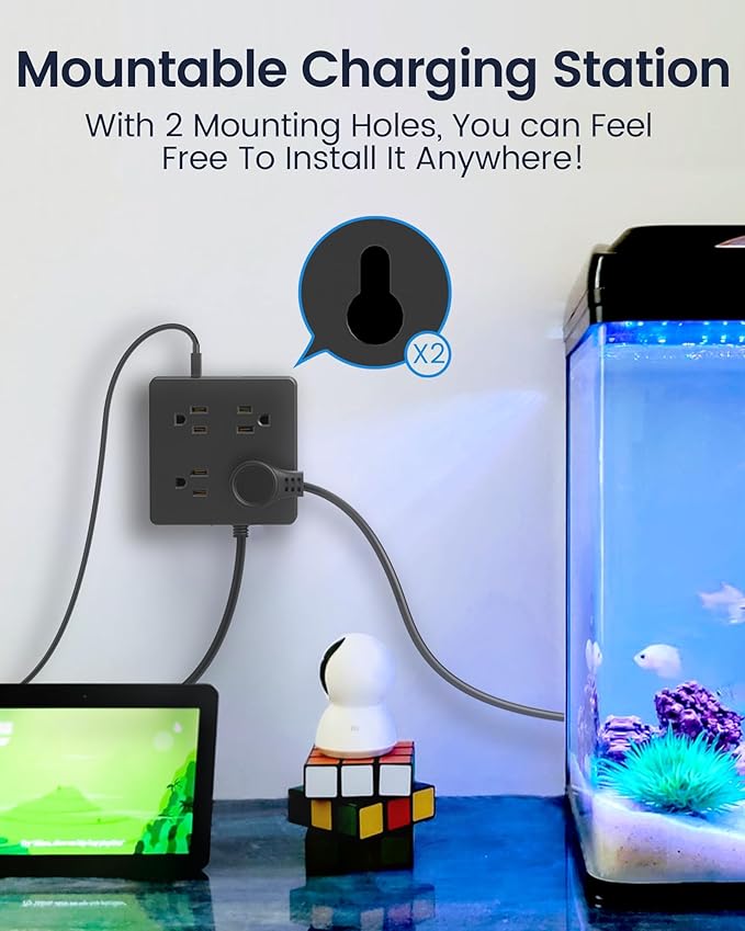 Power Strip USB Surge Protector - SUPERDANNY 9.8ft Mountable Charging Station with 4 Widely Spaced Outlets & 4 Smart USB Ports, Desktop Extension Cord for Home, Office, Hotel, Dorm, Room, RV, Black