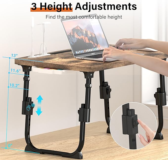Laptop Desk for Bed Height Adjustable, Lap Bed Table with USB/Storage Drawer/Cup Holder/Tablet Stand/Book Shelf, Foldable Breakfast Tray Portable for Reading Writing, Sofa & Floor, Carbonized