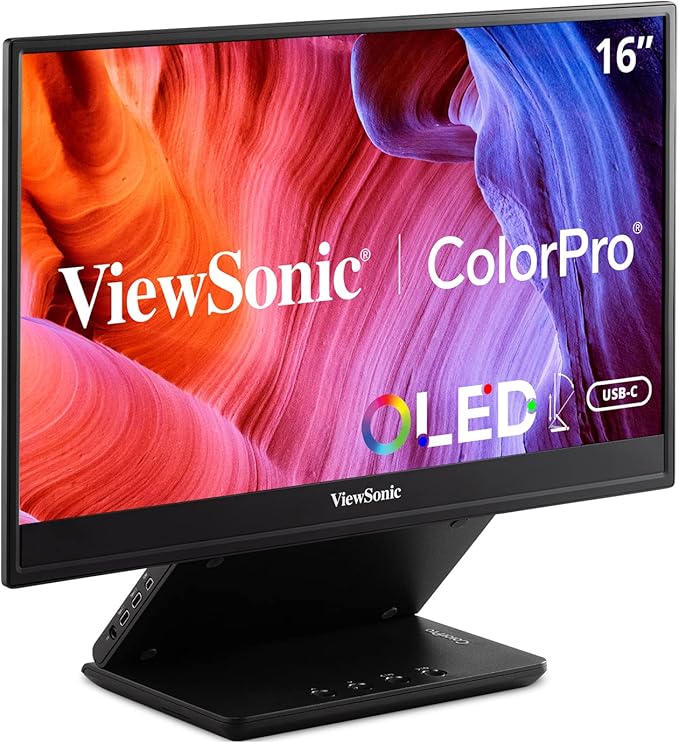 ViewSonic VP16-OLED 15.6 Inch 1080p Portable OLED Monitor with 2 Way Powered 40W USB C, Pantone Validated, Factory Calibrated, Built-in Ergonomic Stand with Protective Cover,Black