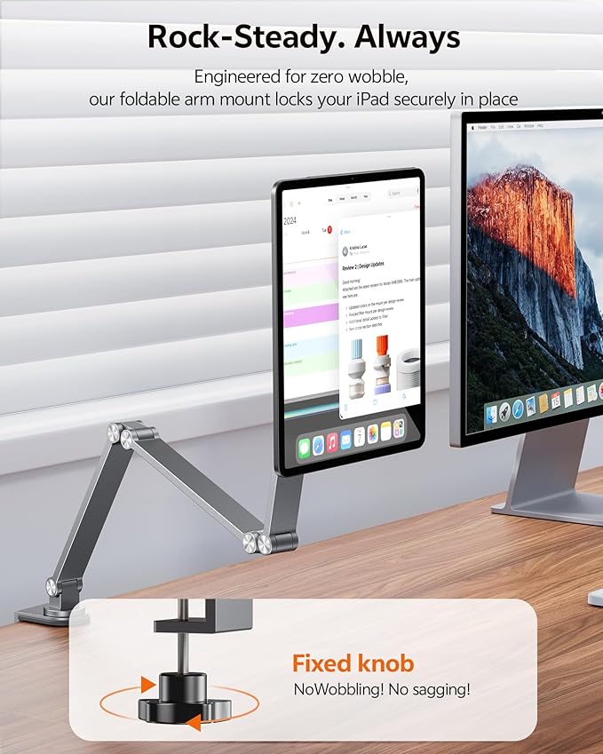 LULULOOK [Upgrade] Magnetic Wireless Charging Stand for iPad Pro 11" M4(2024) Only, Rock Steady iPad Stand for Desk with Foldable Aluminum Alloy Arm, Adjustable Tablet Mount with 2M Braided Cable