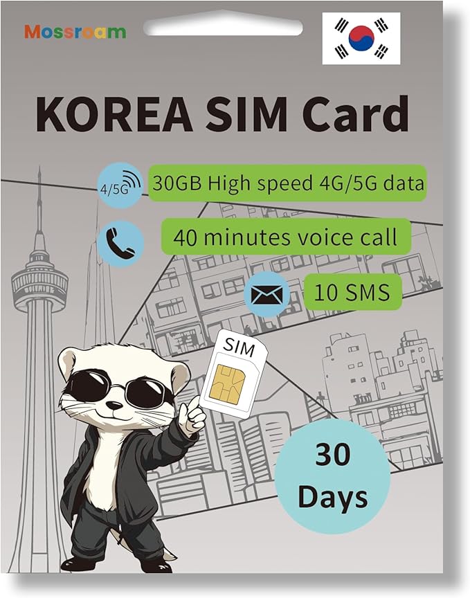 South Korea Travel SIM Card, 30 Days Plan - 30GB High-Speed Data - 40 Min Calls & 10 Texts - Prepaid & No Roaming Fees - Easy Activation