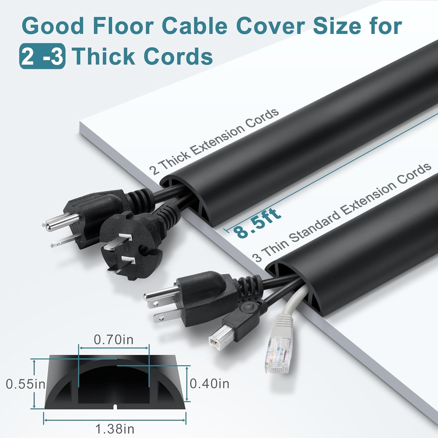 8.5FT Black Cord Cover Floor, Cord Protector, Floor Extension Cable Cover, Soft PVC Wire Covers - Cord Cavity: 0.7" (W) x 0.4" (H)