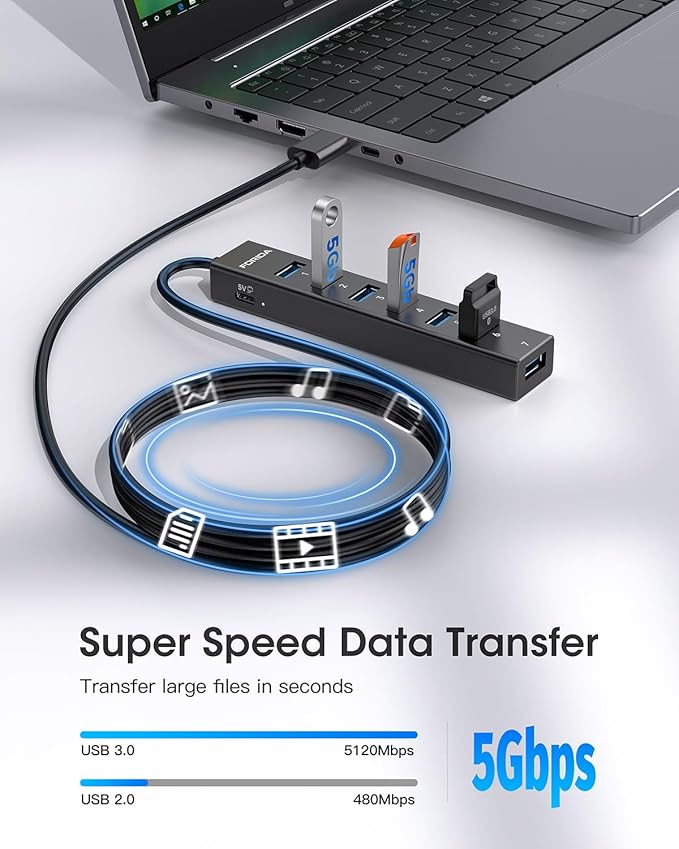 FORIDA Aluminum Alloy 8 Port USB Hub Long Cable USB Splitter with 7-USB3.0 Data Ports and TypeC 5V/3A Power Port Compatible with MacBook, Laptop,Surface Pro, PS5, PC and More (Black, USB A-47in)