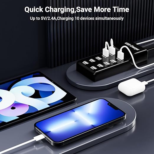 USB Charging Station 50w10A 10-Port Charger, Multiport Charger Hub, Compatible with iPhone, Galaxy, iPad Tablet, and Other Devices（Black）