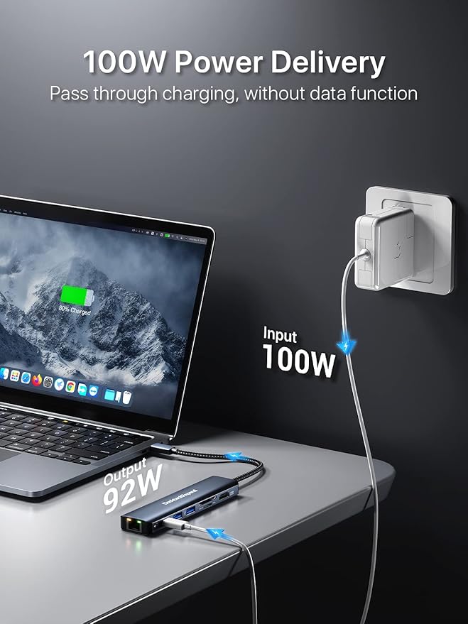 USB C Hub Ethernet, DockteckExpand 7-in-1 Multiport Adapter Type C to 4K@60Hz HDMI, Gigabit Ethernet, 100W PD Charging, 2 USB 3.0, SD/TF Card Readers, for MacBook Pro/Air, iPad Pro/Air, XPS and More