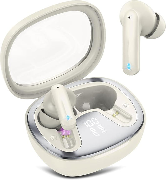Wireless Earbuds, Bluetooth 5.4 Headphones, HiFi Stereo Bass Ear Buds, in Ear Earbuds with 4 ENC Noise Cancelling Mic, 45H, LED Display, IP7 Waterproof, Earphones for Android/iOS Sports, Off-White