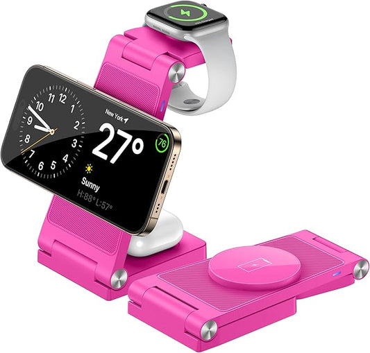 Magnetic Wireless Charger Stand, 3 in 1 Foldable Wireless Charging Station, Travel Charger for Multiple Devices for iPhone 16 15 14 13 12 Series, Apple Watch Ultra/SE/9/8/7/6/5/4/3/2, AirPods