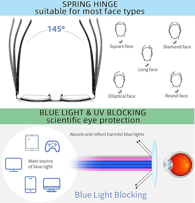 4-Pack Blue Light Blocking Reading Glasses for Men Stylish Metal Frame Readers with Comfort Spring Hinges Anti Glare UV Filter Eyeglasses, +1.25 STRENGTH
