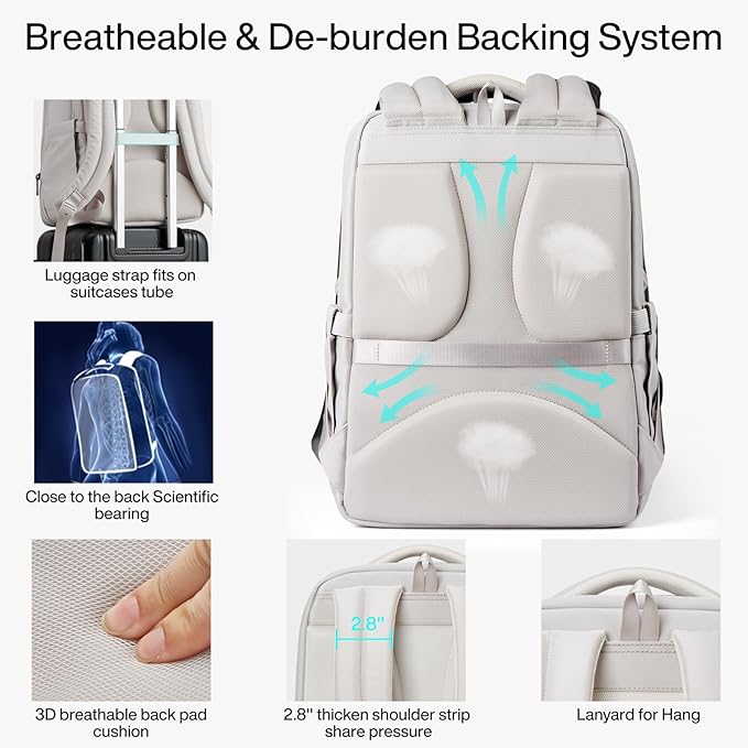 Hanke Expandable Travel Backpack 16 Inch, Full-Open Laptop Backpack Fits 15.6 Inch, Carry On Personal Item Bag with Luggage Strap, Business Work Backpack for Women Men, Greyish White