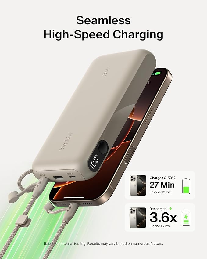 Belkin Portable Charger, USB-C Power Bank 20,000mAh w/ 2X USB-C Ports & 1x A Port, Digital Battery Display, 20W Charging for iPhone 17, Air, Pro, Samsung Galaxy S25, Pixel 10, iPad, & More - Sand