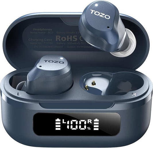 TOZO NC9 Hybrid Active Noise Cancelling Wireless Earbuds, 6 Mics ENC Clear Call, IPX8 Waterproof, in Ear Bluetooth 5.3 Headphones Stereo Bass Ear Buds 59H Playtime with LED Display 32 EQs via APP