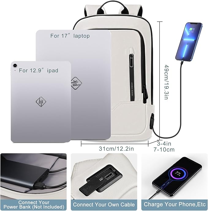 hk Backpack for Men Business Slim Backpack with USB Charger Computer Lightweight Anti-theft Travel (White, 17.3 Inch)