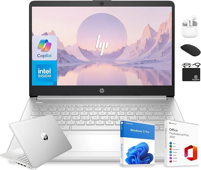 HP 14” Flagship Laptop 2025 AI-Powered Computer, Office Lifetime, Student Business, 4-Core Intel CPU, 16GB RAM 628GB Storage (128GB UFS+ 500GB Ext), Long Battery HubxcelAccessory Win 11 Pro Silver