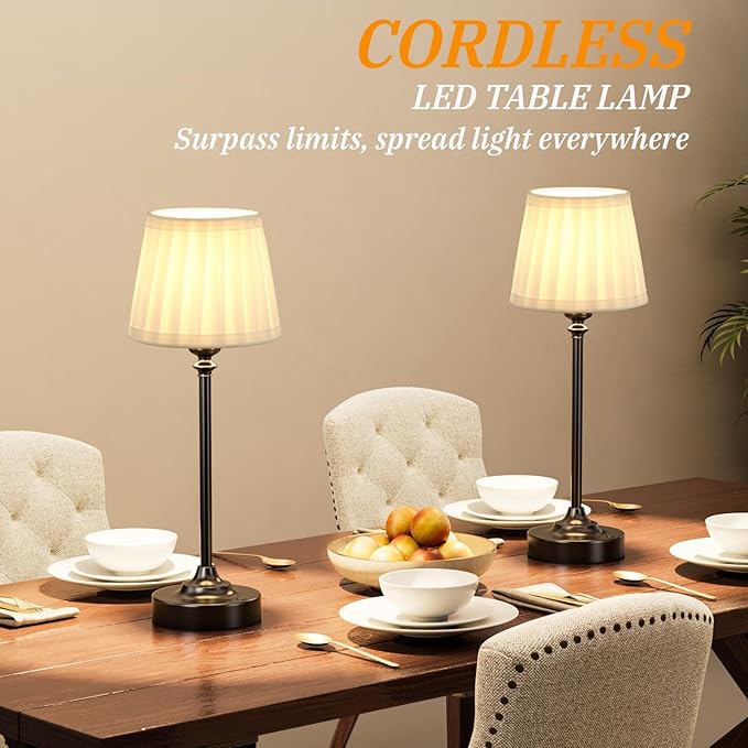 Cordless Table Lamps Rechargeable Set - 2 Pack Black 4000mAH Battery Operated Lamps for Decor, 3000K Stepless Dimming Touch Control Wireless Lamps for Bedroom, Dining Table, Living Room, White Shade