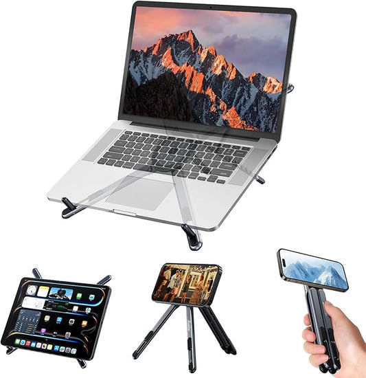 Portable Magnetic Phone Holder Laptop Stand for Desk, Aluminum Adjustable Phone Tripod Stand for iPhone 17 Air Pro Max, Laptop Riser Tablet Mount, Mini Airplane Travels Essentials