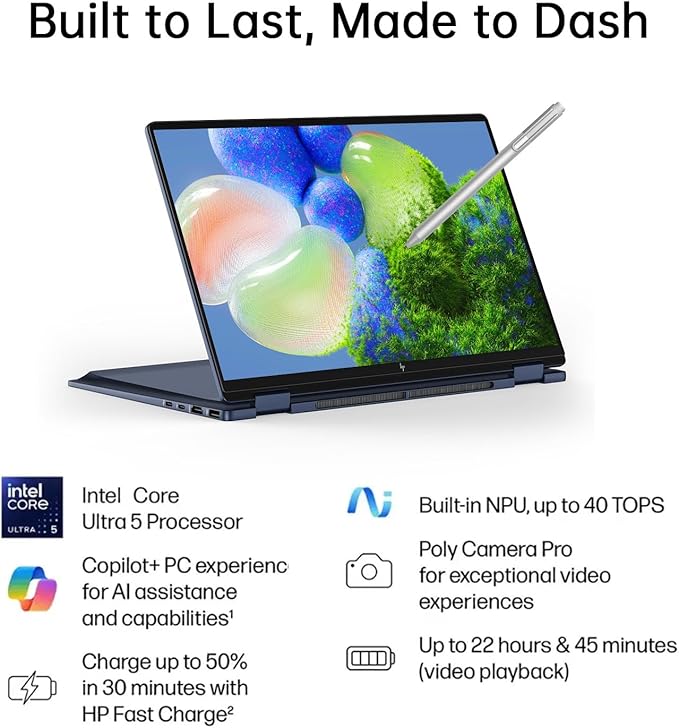 HP Omnibook X Flip 2 in 1 14’’ 2K Touchscreen Laptop, Convertible Laptop 16GB DDR5 RAM 2TB SSD, Intel Core Ultra 5 226V, Intel Arc GPU, Thunderbolt 4, Windows 11, 1 Year Office 365 with Microsoft Pen
