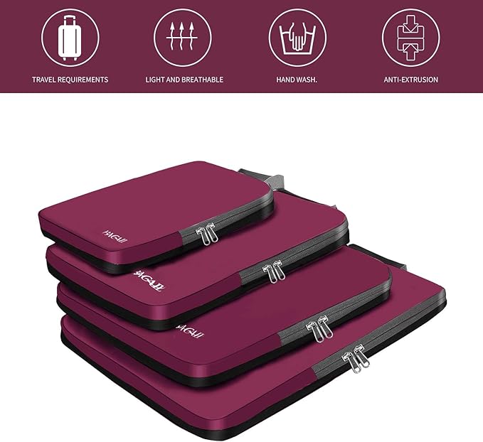 BAGAIL 4 Set/6 Set/8 Set Compression Packing Cubes Travel Accessories Expandable Packing Organizers (Cloth Pattern, 4-Burgundy)