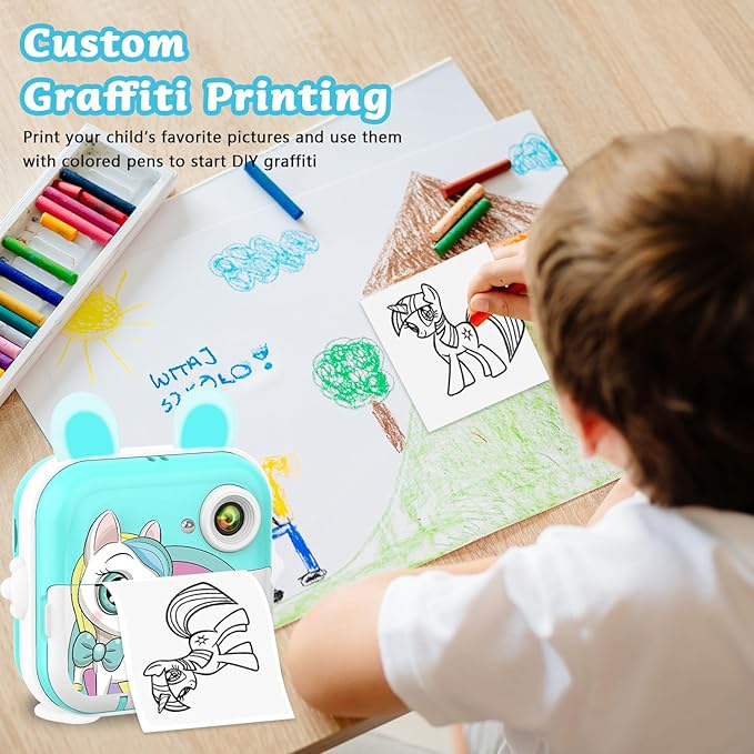 Kids Camera Instant Print Girls Boys, 2,4" HD 1080P, 32GB Card, with Photo Paper and Colored Pens, Instant Camera Holiday Birthday Gifts, Printable Toddler Portable Travel Print Toy (Blue)