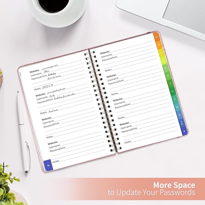 Password Book with Alphabetical Tabs, Password Keeper Book for Seniors, Individual & Colorful Tabs, Spiral Hardcover Password Notebook for Website Logins, 5.7" x 7.7", Rose Gold