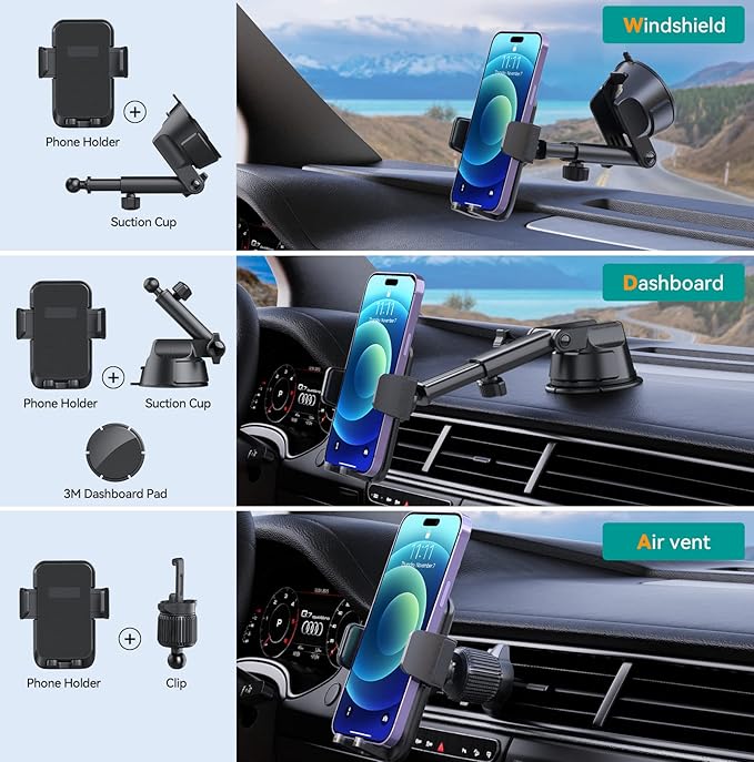 Car Phone Holder Mount, [Military-Grade Suction & Super Sturdy Base] 3 in 1 Universal Phone Mount for Car Dashboard Windshield Air Vent Dash Pad Car Mount for iPhone Android Smartphone