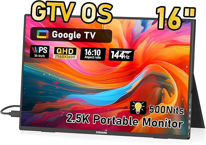 16" Smart Portable Monitor with Google TV OS, 2.5K QHD (2560x1600) 144Hz Display, 500 Nits Brightness, 100% sRGB, Wi-Fi/Bluetooth, USB-C/HDMI External Screen for Laptop/PC/Gaming Console