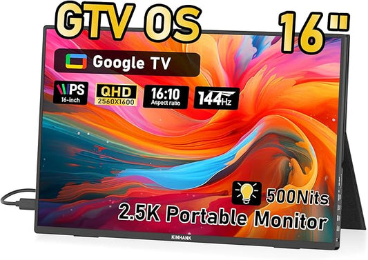 16" Smart Portable Monitor with Google TV OS, 2.5K QHD (2560x1600) 144Hz Display, 500 Nits Brightness, 100% sRGB, Wi-Fi/Bluetooth, USB-C/HDMI External Screen for Laptop/PC/Gaming Console