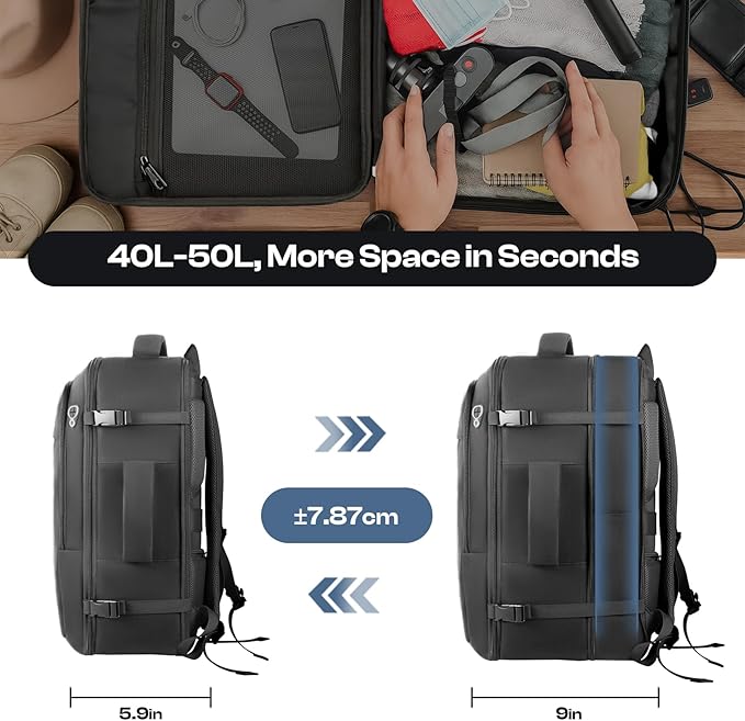 Carry on Backpack, 50L Expanable Travel backpack,TSA Airplane Approved, Daypack Weekender Bag Fits 17 Inch Laptop, Travel Gifts for Men, Black