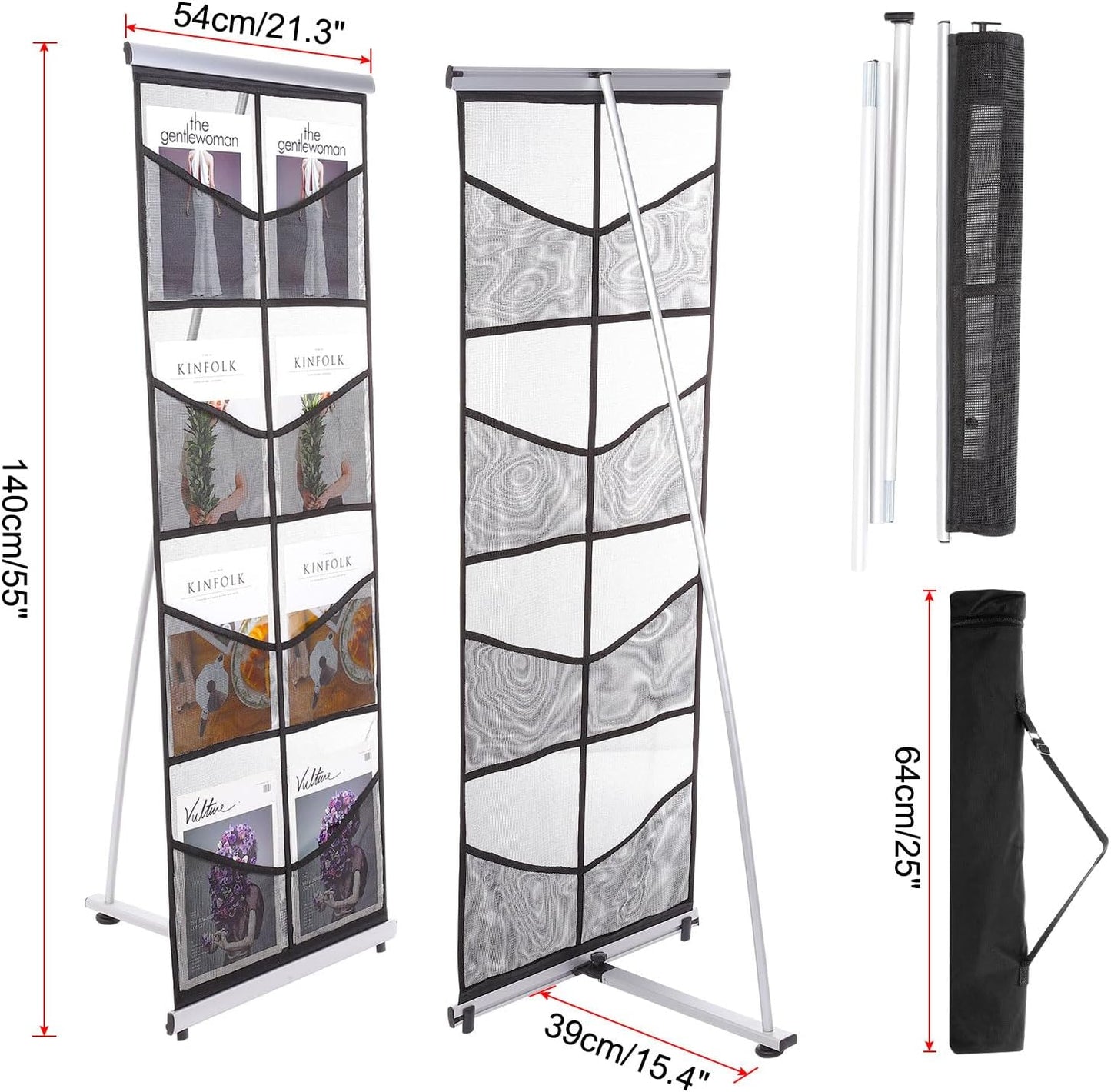 PATIKIL Portable Magazine Display Racks Floor Standing Double A4 8 Mesh Pockets Brochure Stand Catalog Literature Holder for Hotel, Exhibition, Office, Black