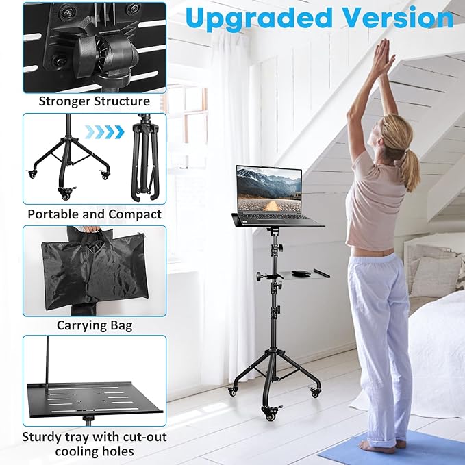 Portable Laptop & Projector Stand with Phone Holder and Mouse Tray ，Adjustable Height Tripod Stand for Laptop, Projector, DJ, Sheet Music，Black