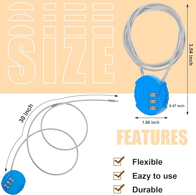 3 Pieces Cable Luggage Locks 3 Digit Combination Locks Combo Locks Wire Stroller Locks TSA Approved Padlocks for Travel Bike Backpack Cabinet, 30 Inch Wirerope (Black,Blue,Red)