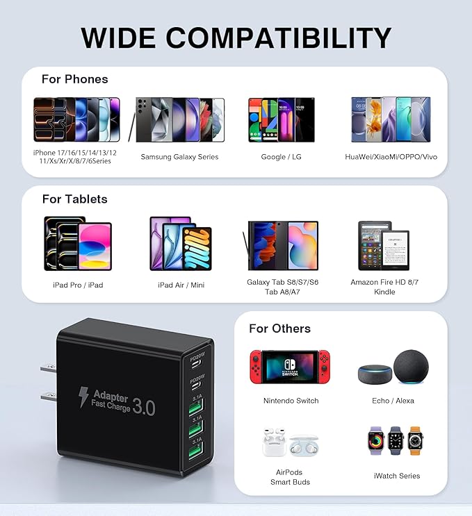 [2-Pack] USB C Wall Charger, 50W USB C Charger Block 5-Port PD Fast Charging Blocks,2USB C+3USB A Multiport Plug,Type C Power Adapter Brick Cube for iPhone 17/16/15/14/13/Pro,Samsung,for Switch（Black）