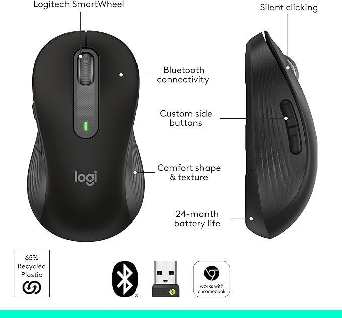 Logitech Wireless Mouse Signature M650 L Full Size - Large Hands, 2-Year Battery, Silent Clicks, Customizable Buttons, Bluetooth, PC/Mac/Chromebook - Black, Right-Handed, Large