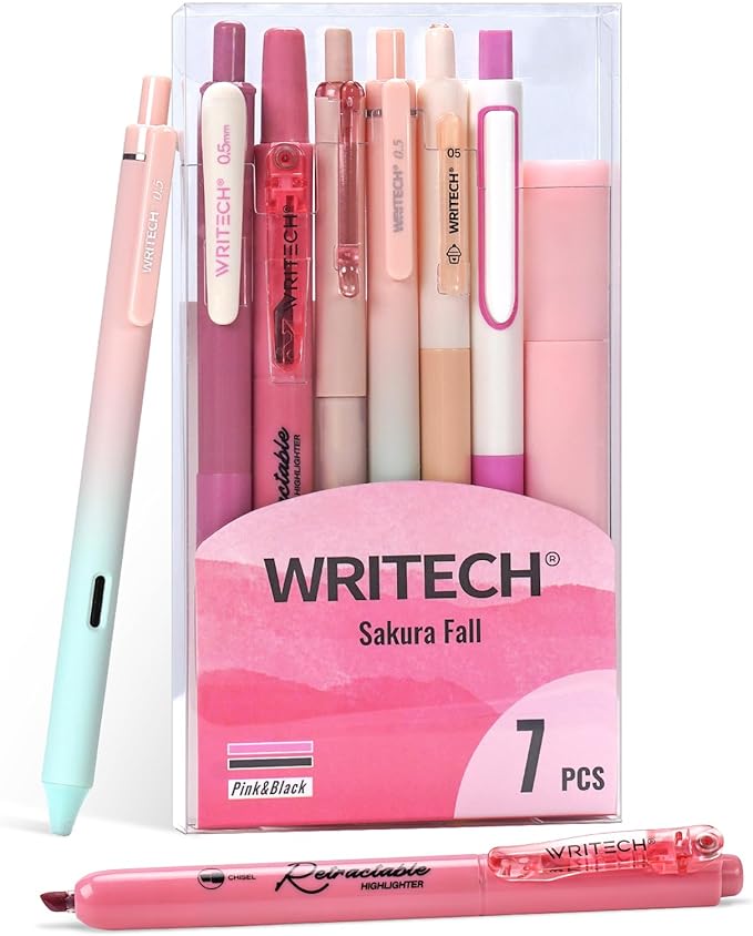 WRITECH Gel Pens Journaling Highlighters: Journal Set Aesthetic Assorted Pastel Color Ink 0.5mm Fine Point Retractable 0.7mm Black Pen Smooth Writing Drawing No Bleed 7ct (Pink)