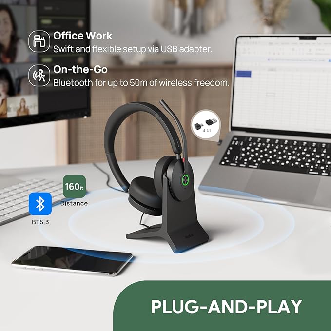 Yealink BH74 with Stand ANC Wireless Bluetooth Headset with Mic for Work, 6-mics Hybrid ANC Tech, Microsoft Teams Premium Open Ofﬁce Certified Headsets, up to 32h Talking Battery Life, Zoom Certified