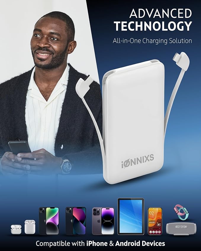 Portable Charger with Built in Cable - 10000mAh Ultra-Slim Portable Charger Power Bank with USB-C Cable (Gray)