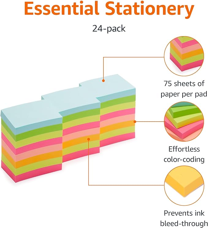 Amazon Basics Mini Rectangular Sticky Notes, 1.5x2 Inches, Bright Colors Self-Stick Pads, Easy to Post for Home, Office, Notebook, 70 sheets/Pad, Pack of 24