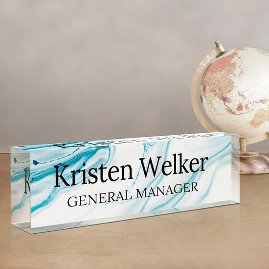 Gowellly Desk Name Plate Personalized - Custom Acrylic Name Plate for Desk - Enterprise Custom Logo/Text nameplates - Employee Appreciation Gifts (White Blue Marble)