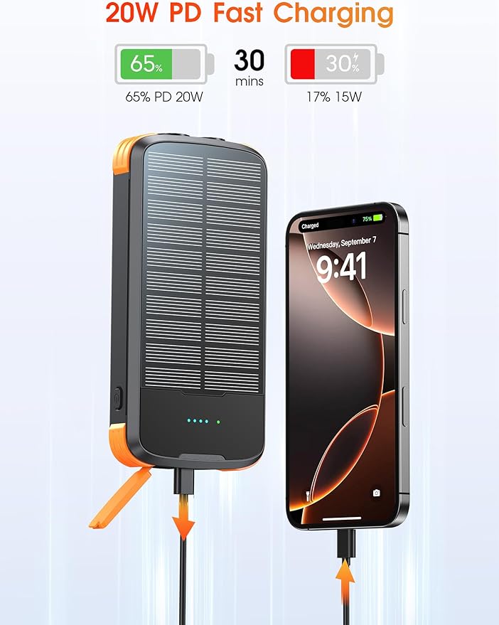 Solar Charger Power Bank, PD 20W Fast Charging External Batter, 40000mAh Portable Phone Charger Built in 4 Cables with Dual Bright Flashlights for Camping, Hiking, and Outdoor Use
